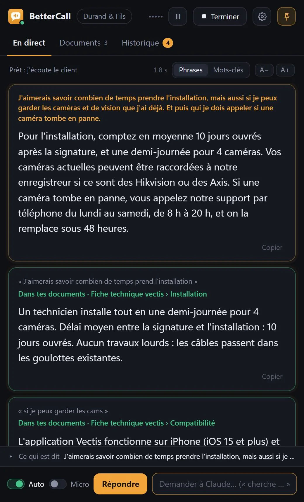 BetterCall affiche une réponse pendant un appel commercial