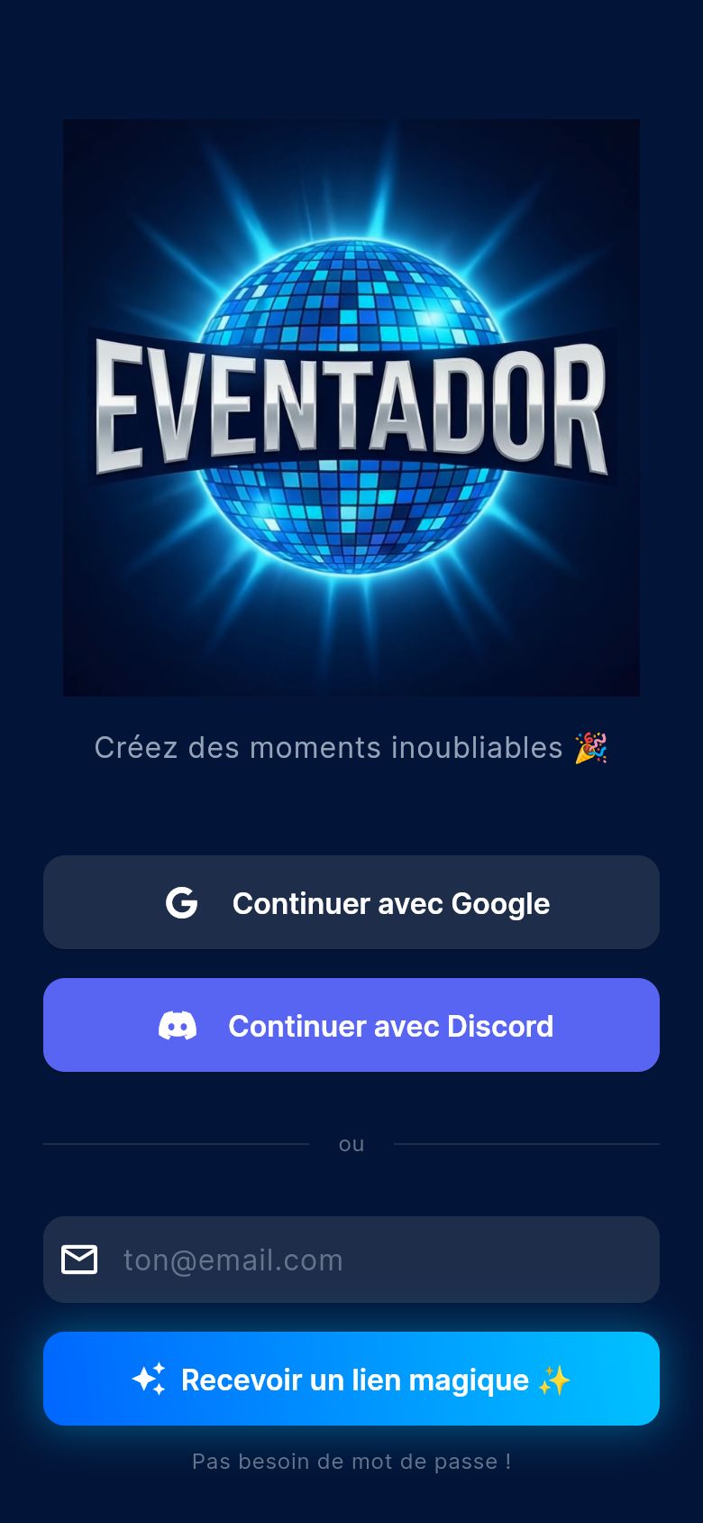 Écran d'accueil d'Eventador
