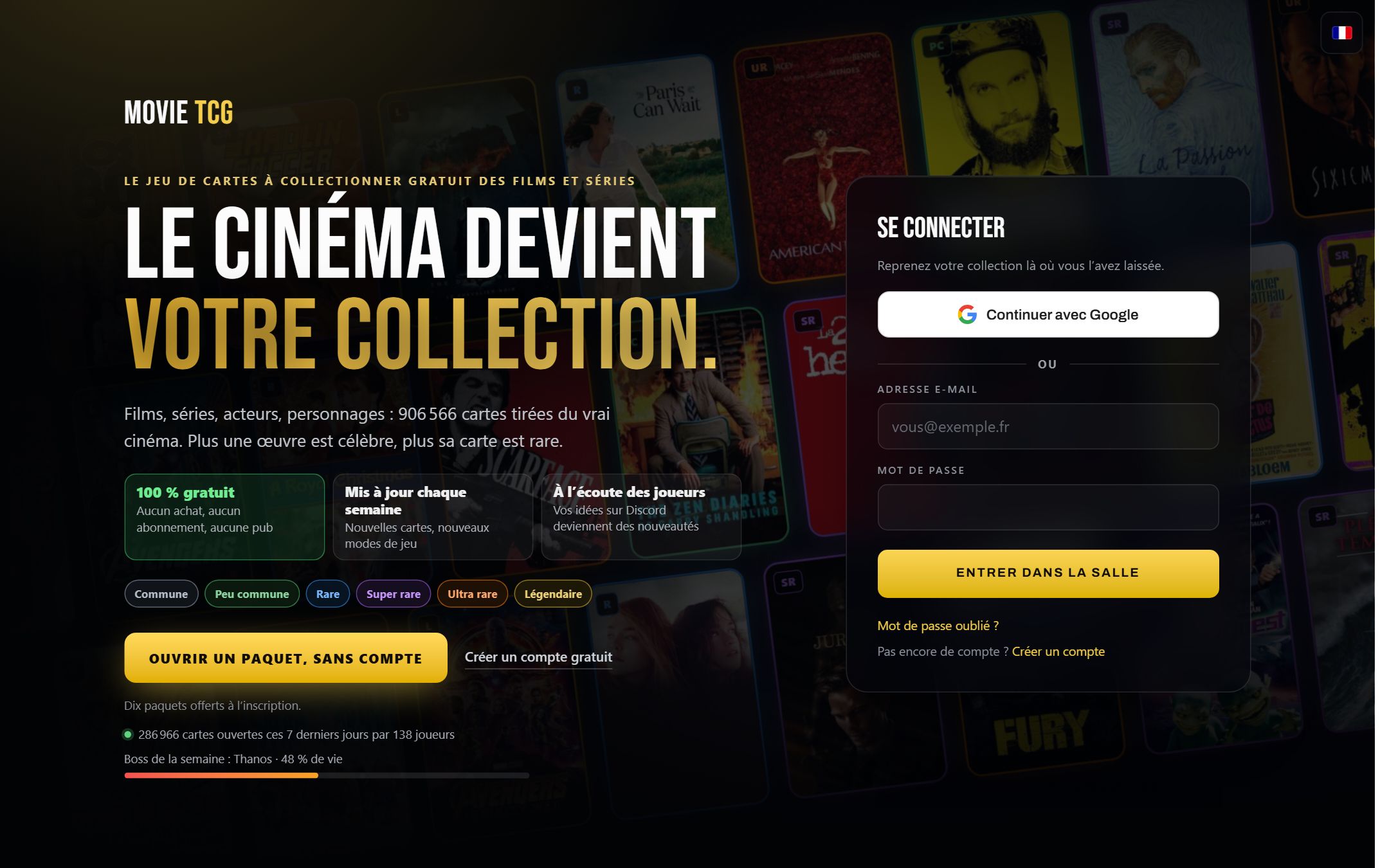 Page d'accueil de MovieTCG